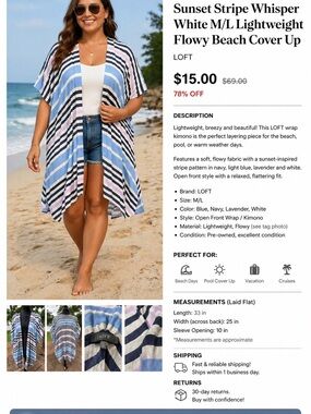 Loft Women’s Wrap Sunset Stripe Whisper White M/L lightweight Flowy beach cover
